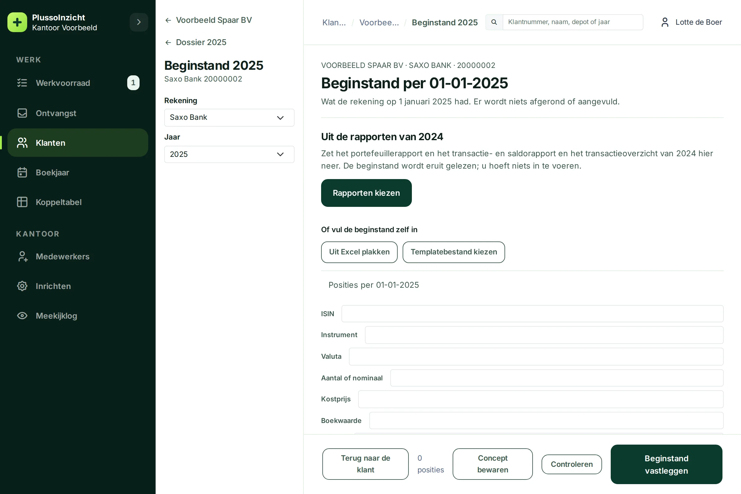 De pagina Beginstand per 01-01-2025 met de knop Rapporten kiezen en daaronder het formulier om de beginstand zelf in te vullen