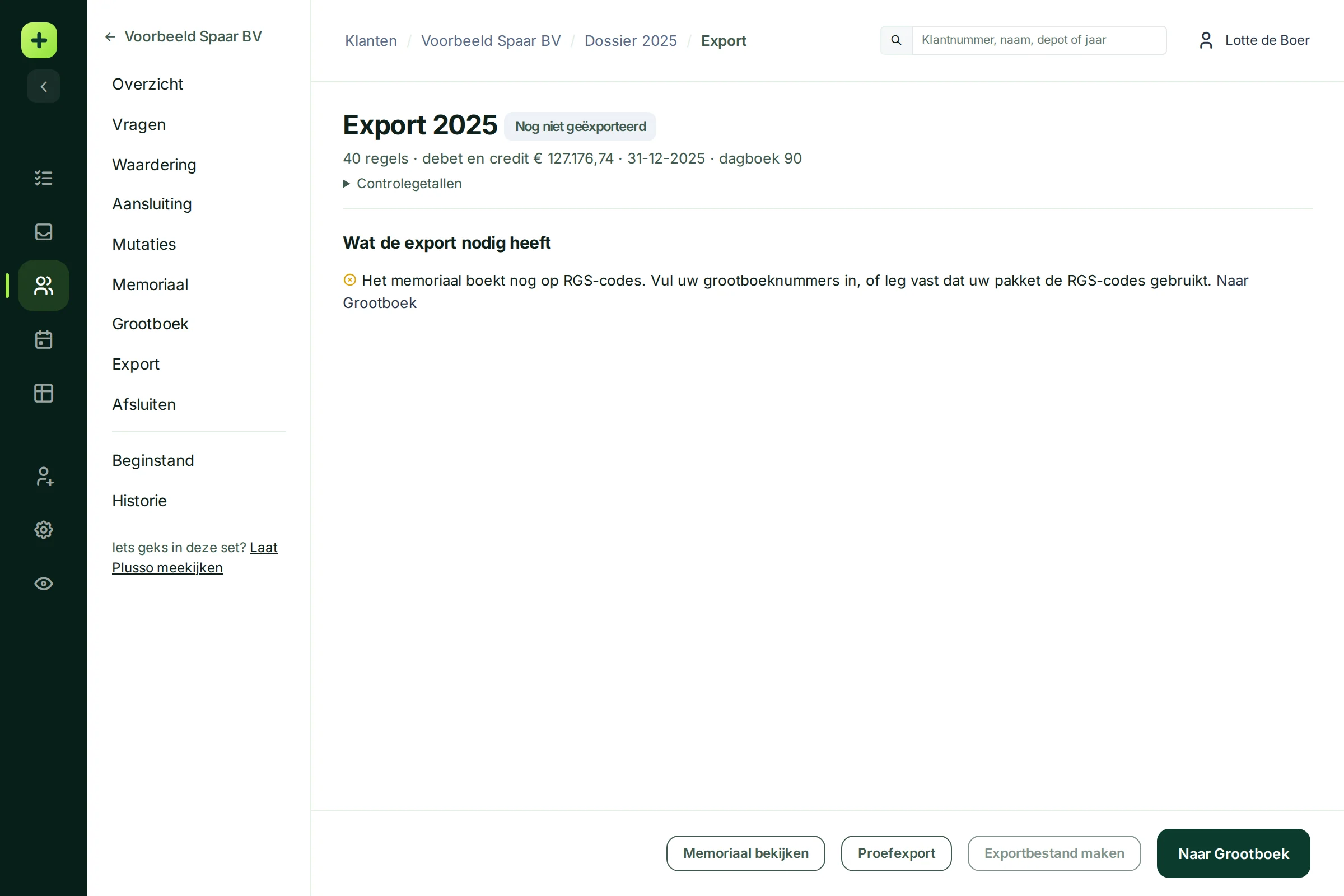 De exportpagina met de melding dat het memoriaal nog op RGS-codes boekt en de knop Naar Grootboek