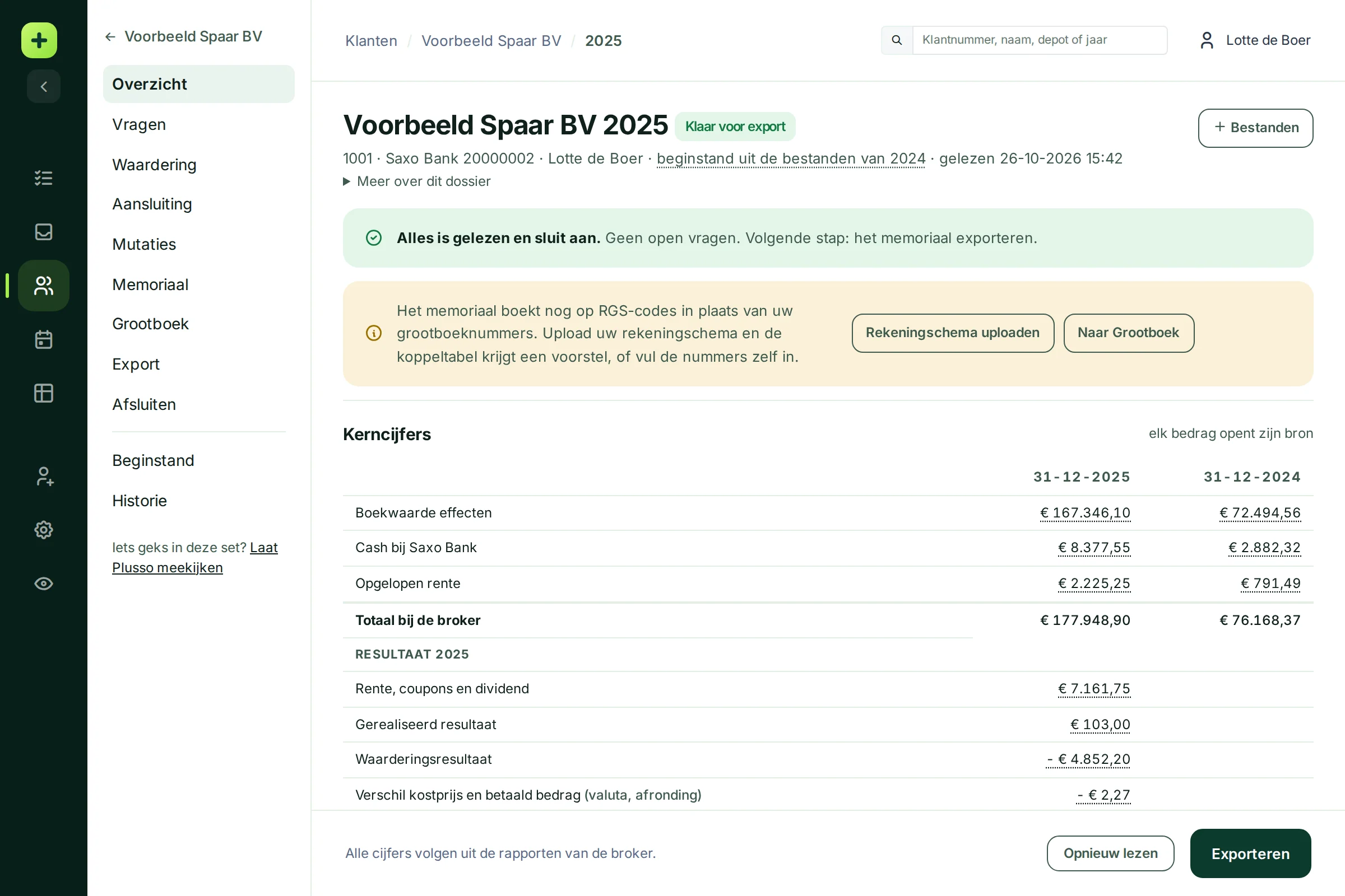 Het hele overzicht van dossier 2025 van Voorbeeld Spaar BV, van de kop tot de effecten per 31 december