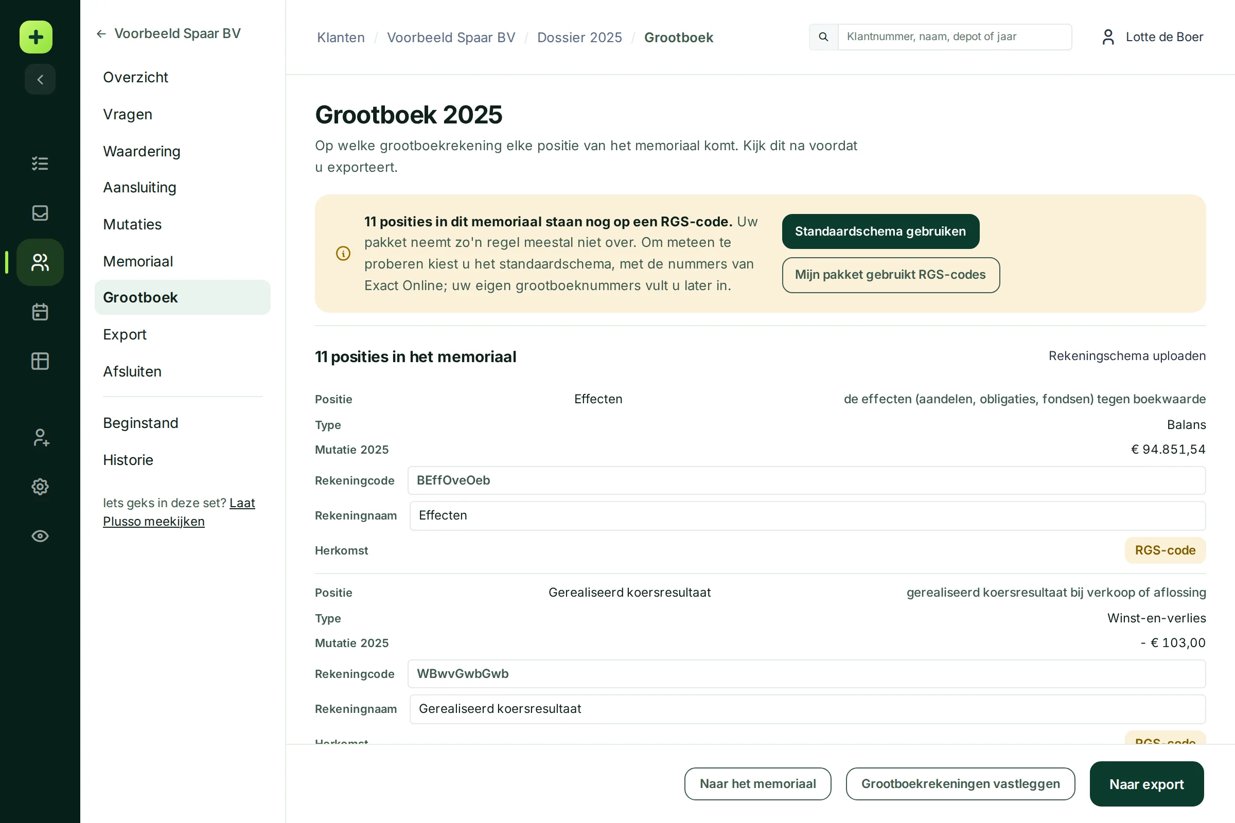 De pagina Grootboek 2025 met elf posities die nog op een RGS-code staan en de knoppen Standaardschema gebruiken en Mijn pakket gebruikt RGS-codes