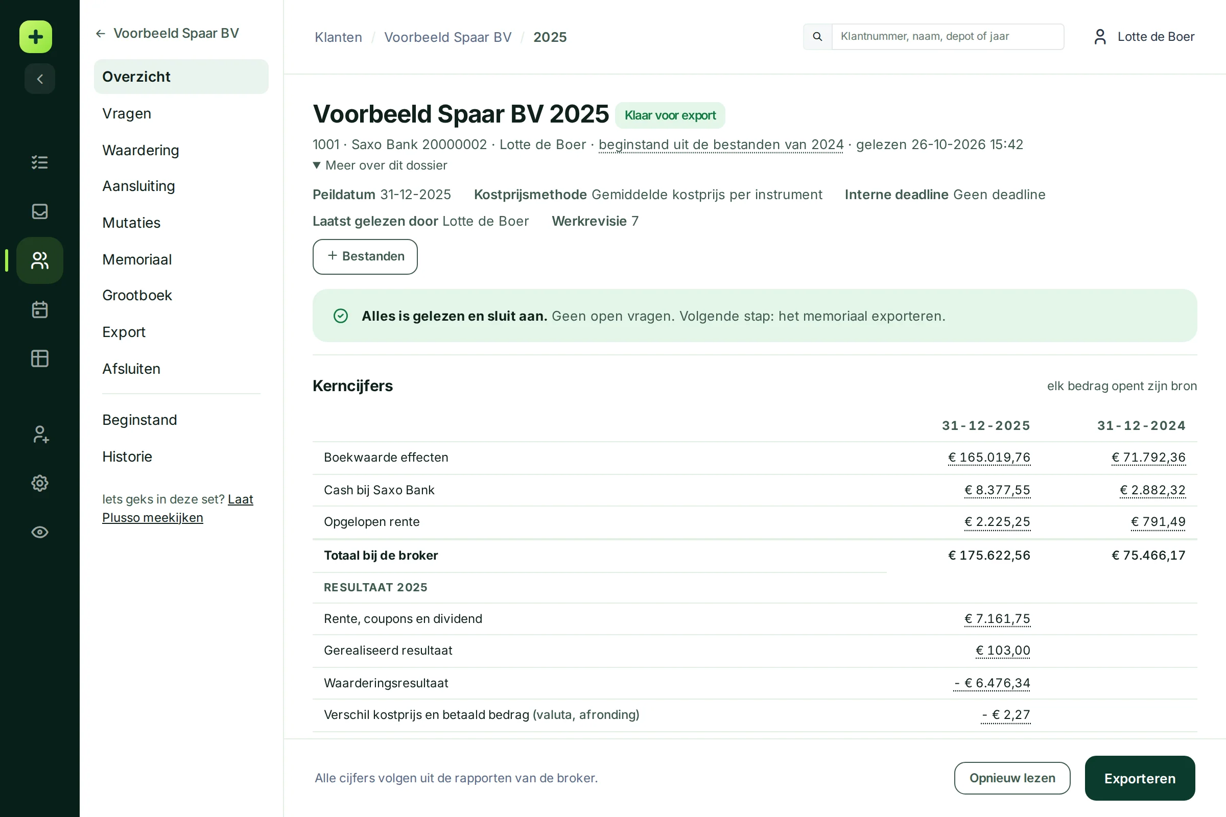 Het dossier met Meer over dit dossier opengeklapt: peildatum, kostprijsmethode, interne deadline, laatst gelezen door en werkrevisie