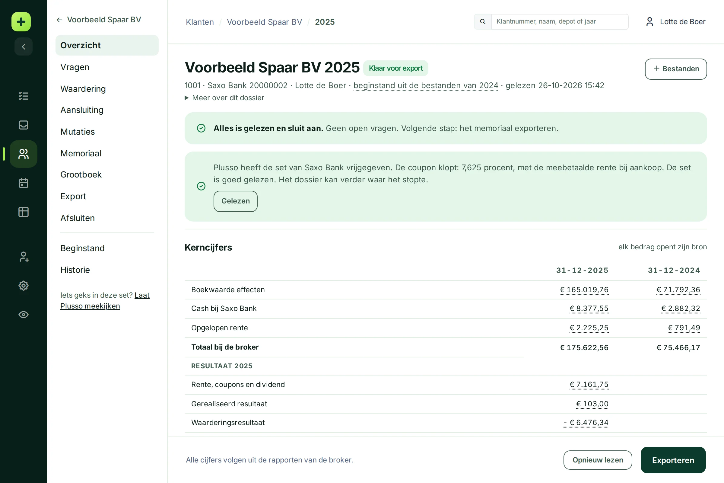 Het dossier weer op Klaar voor export met de melding dat Plusso de set van Saxo Bank heeft vrijgegeven en de knop Gelezen
