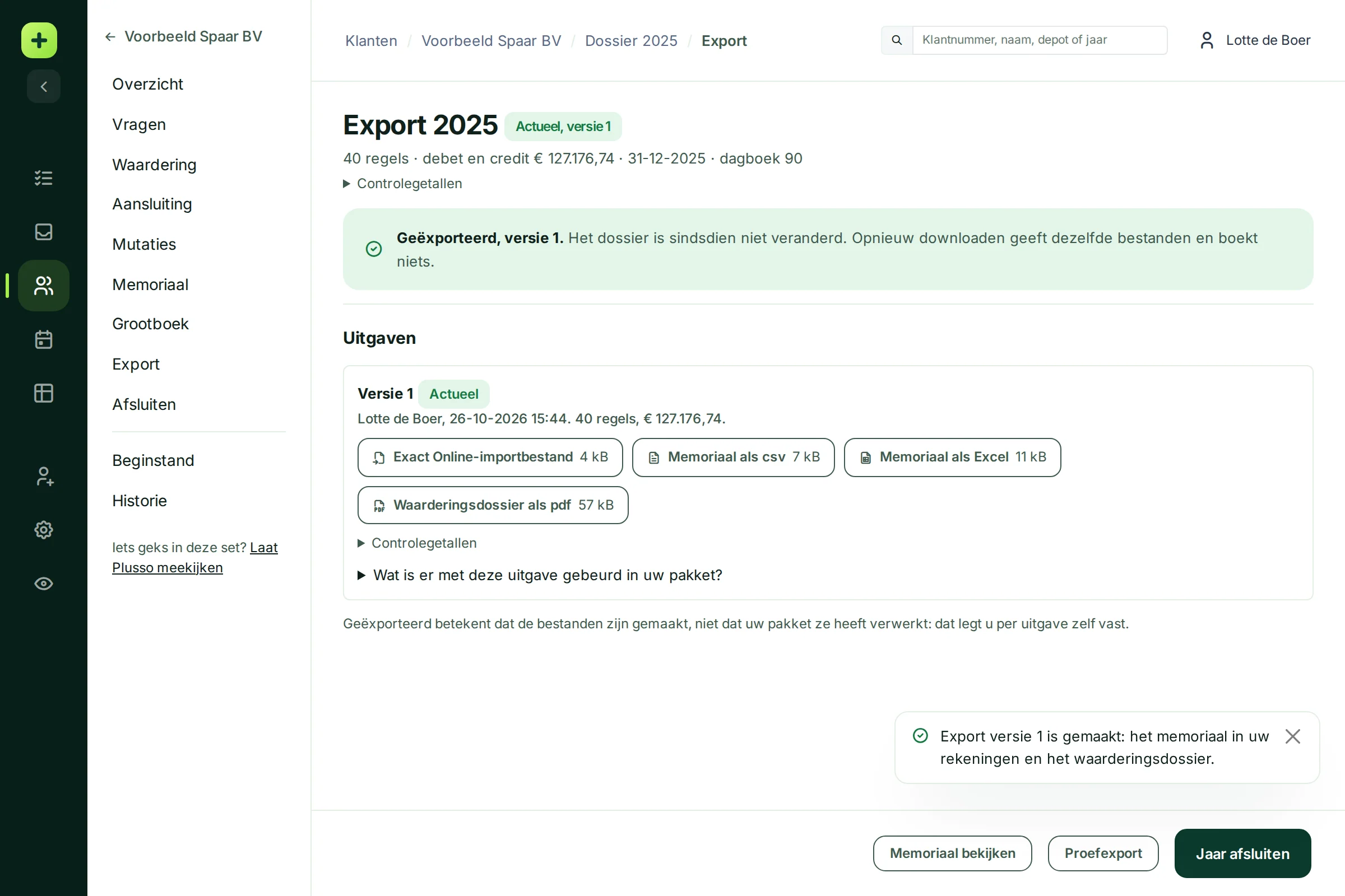 De exportpagina met versie 1 Actueel en de vier bestanden: Exact Online-importbestand, memoriaal als csv en Excel, en het waarderingsdossier als pdf