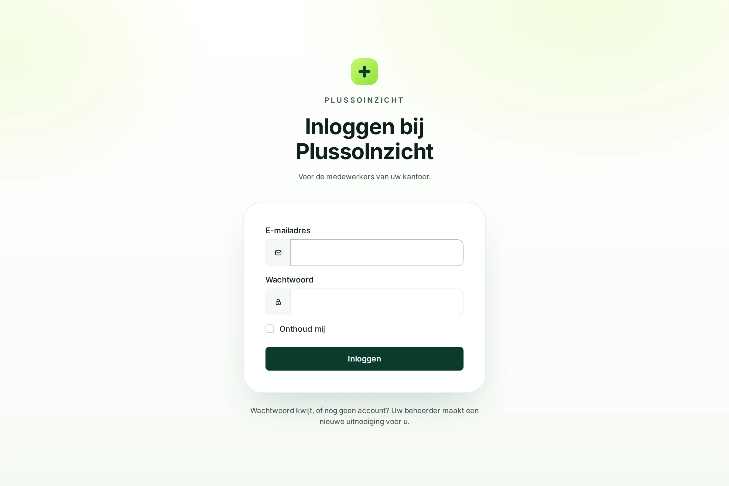 Het scherm Inloggen bij PlussoInzicht met e-mailadres, wachtwoord en de knop Inloggen