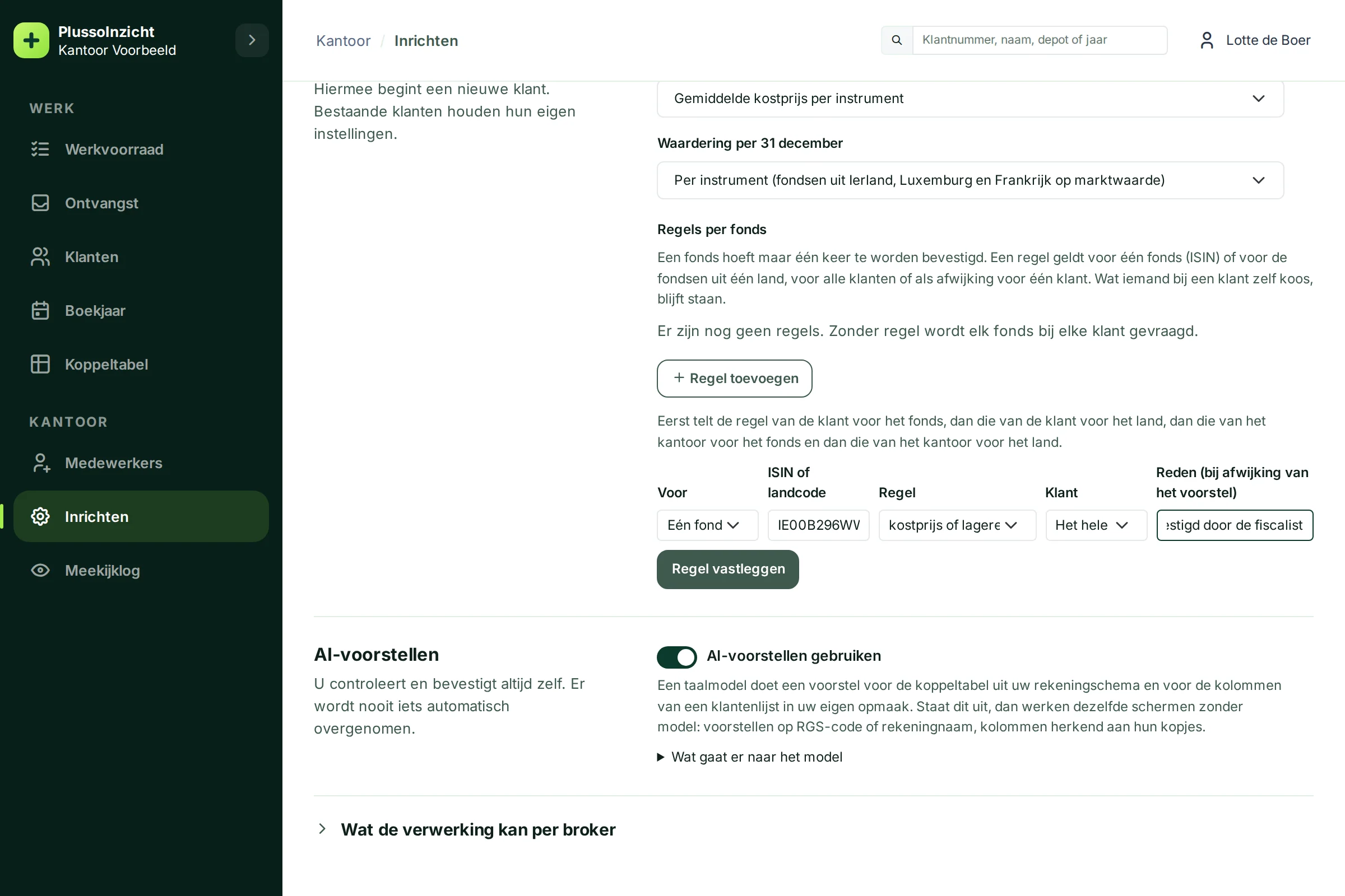 Het formulier Regel toevoegen met Voor, ISIN, Regel, Klant en een reden