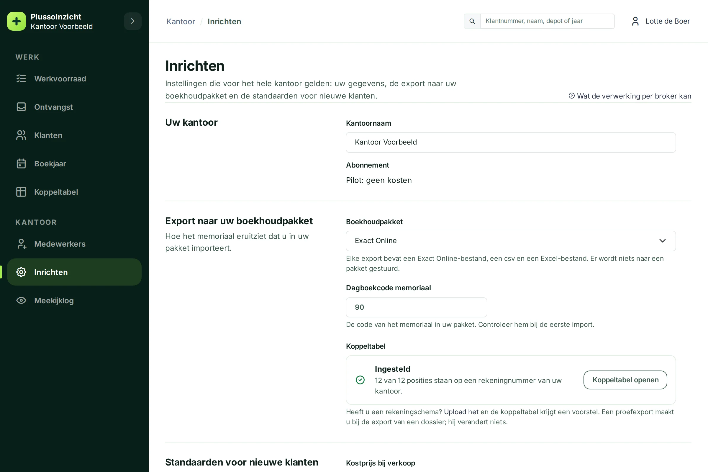 De pagina Inrichten met Uw kantoor, Export naar uw boekhoudpakket en de koppeltabel