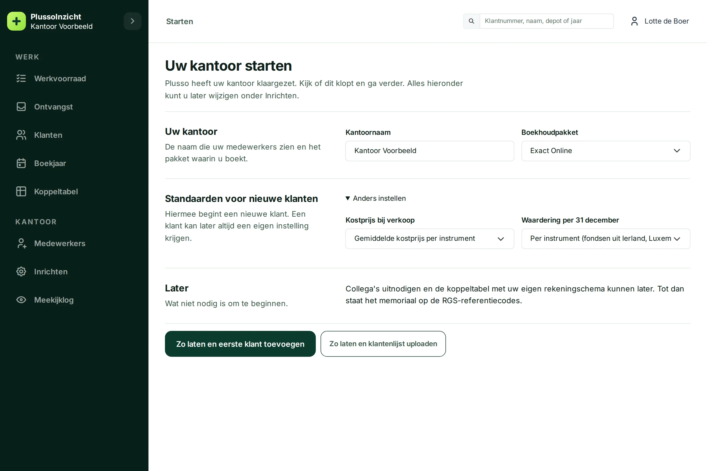Het startscherm met Anders instellen opengeklapt en keuzelijsten voor de kostprijs en de waardering