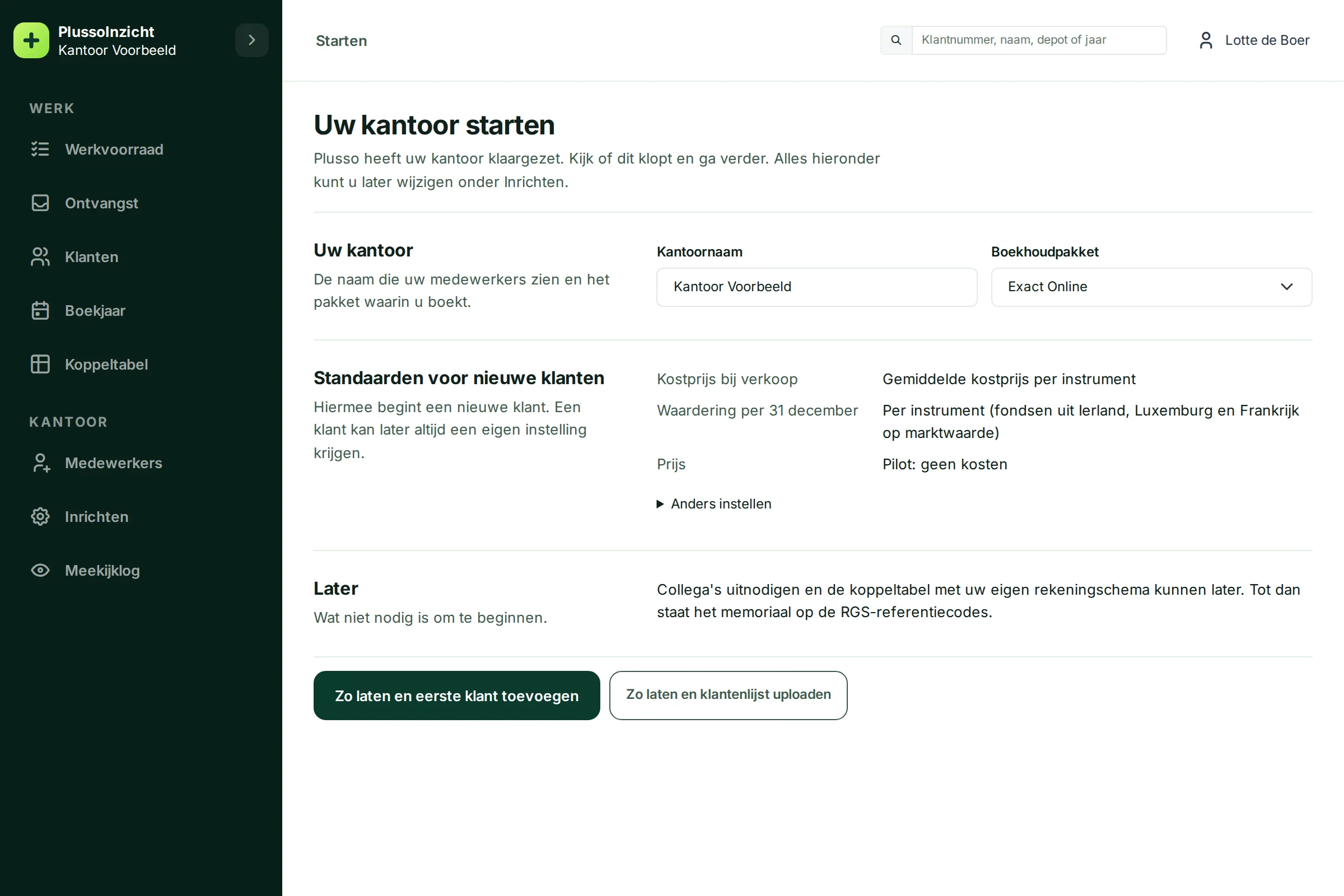 Het startscherm Uw kantoor starten met kantoornaam, boekhoudpakket Exact Online, de standaarden en twee knoppen om verder te gaan