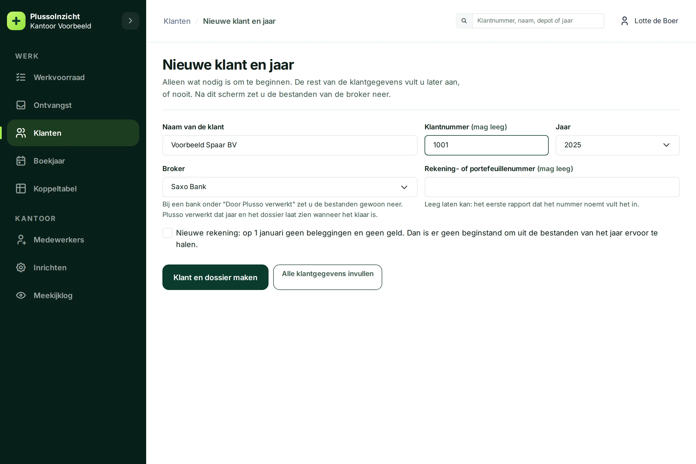 Het formulier ingevuld voor Voorbeeld Spaar BV, klantnummer 1001, jaar 2025, broker Saxo Bank