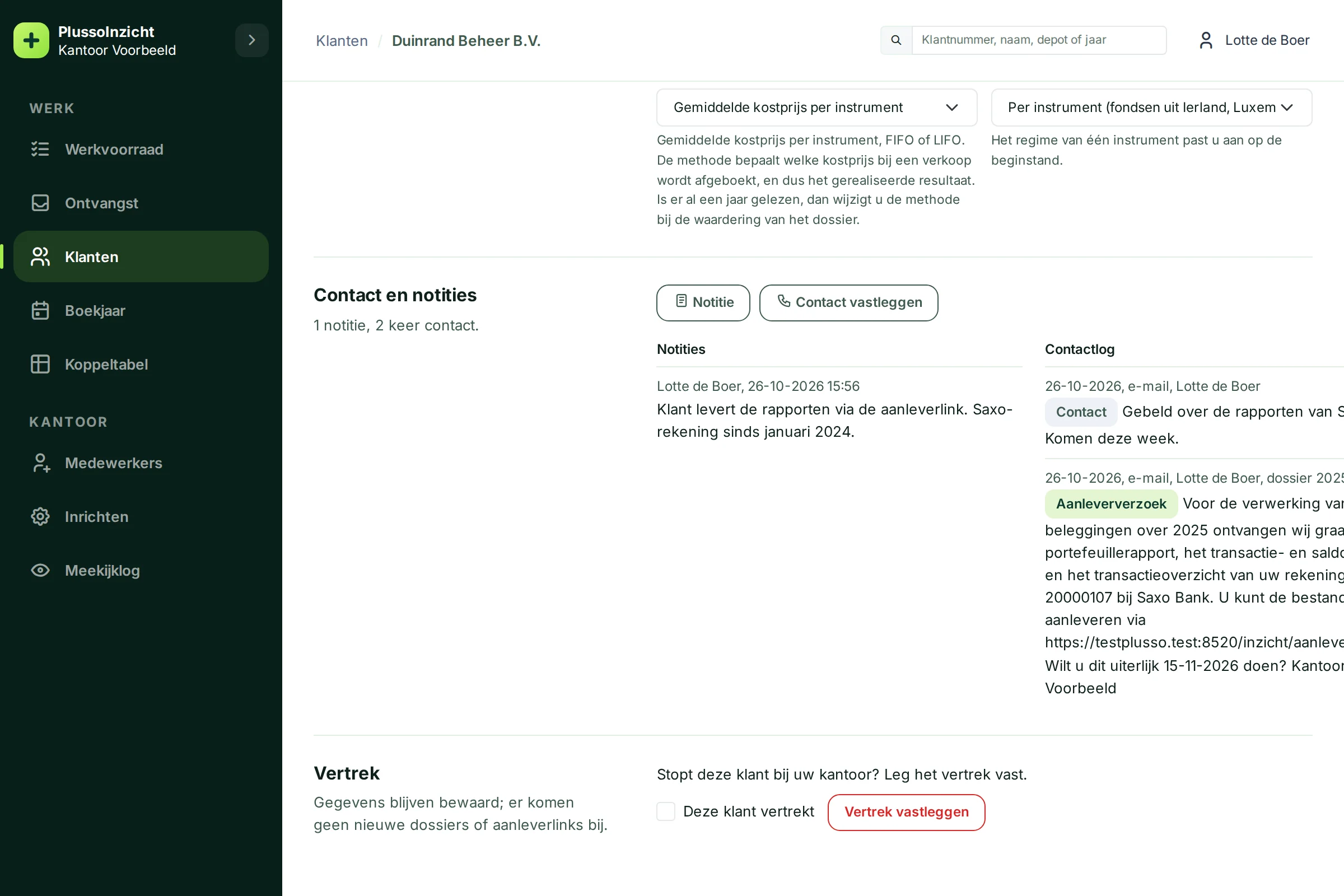 Contact en notities van Duinrand Beheer B.V. met een notitie, een telefoontje en een aanleververzoek in het contactlog