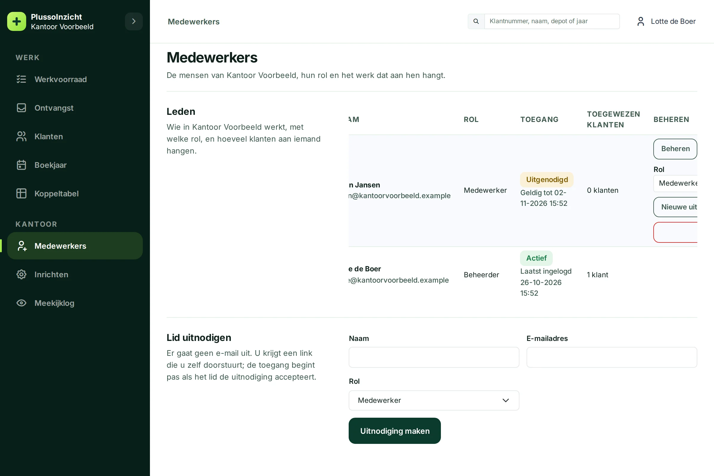 Het opengeklapte Beheren bij Daan Jansen met Rol wijzigen, Nieuwe uitnodigingslink en Toegang intrekken