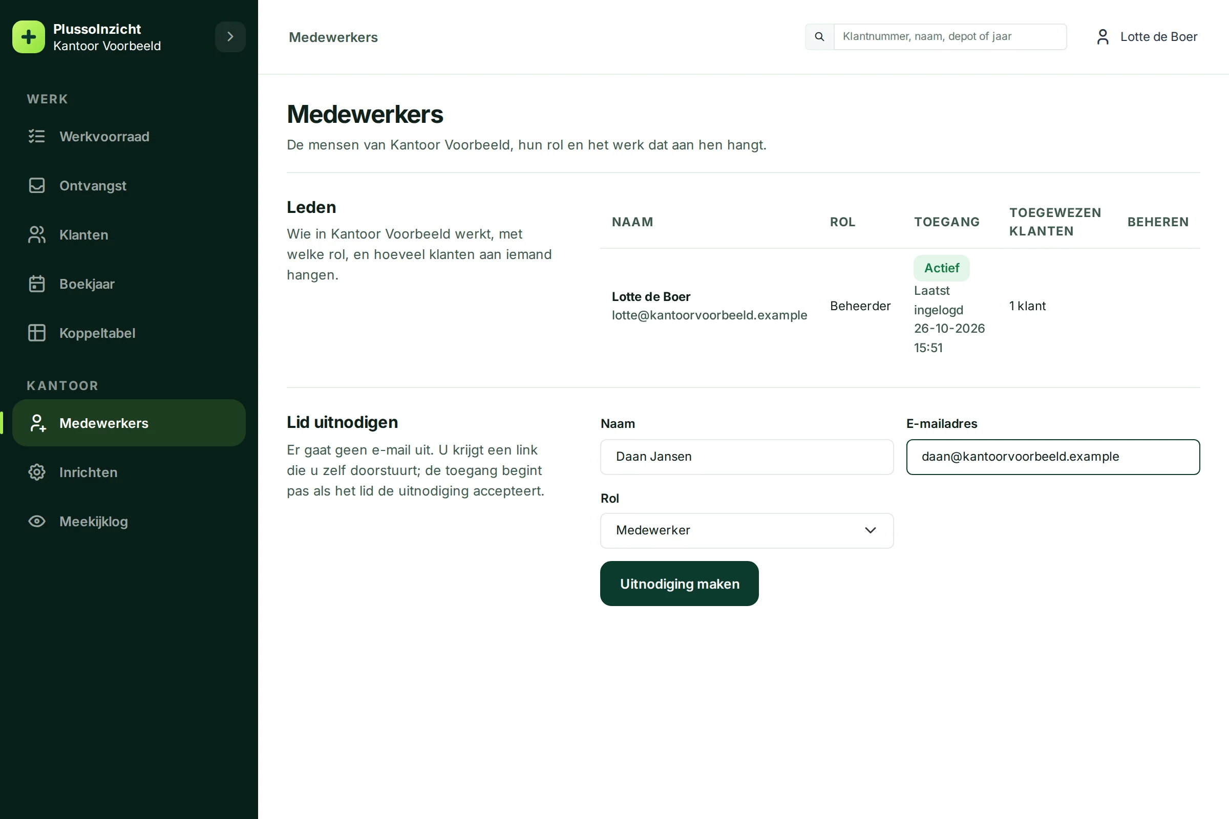 Het formulier Lid uitnodigen met naam Daan Jansen, zijn e-mailadres en de rol Medewerker