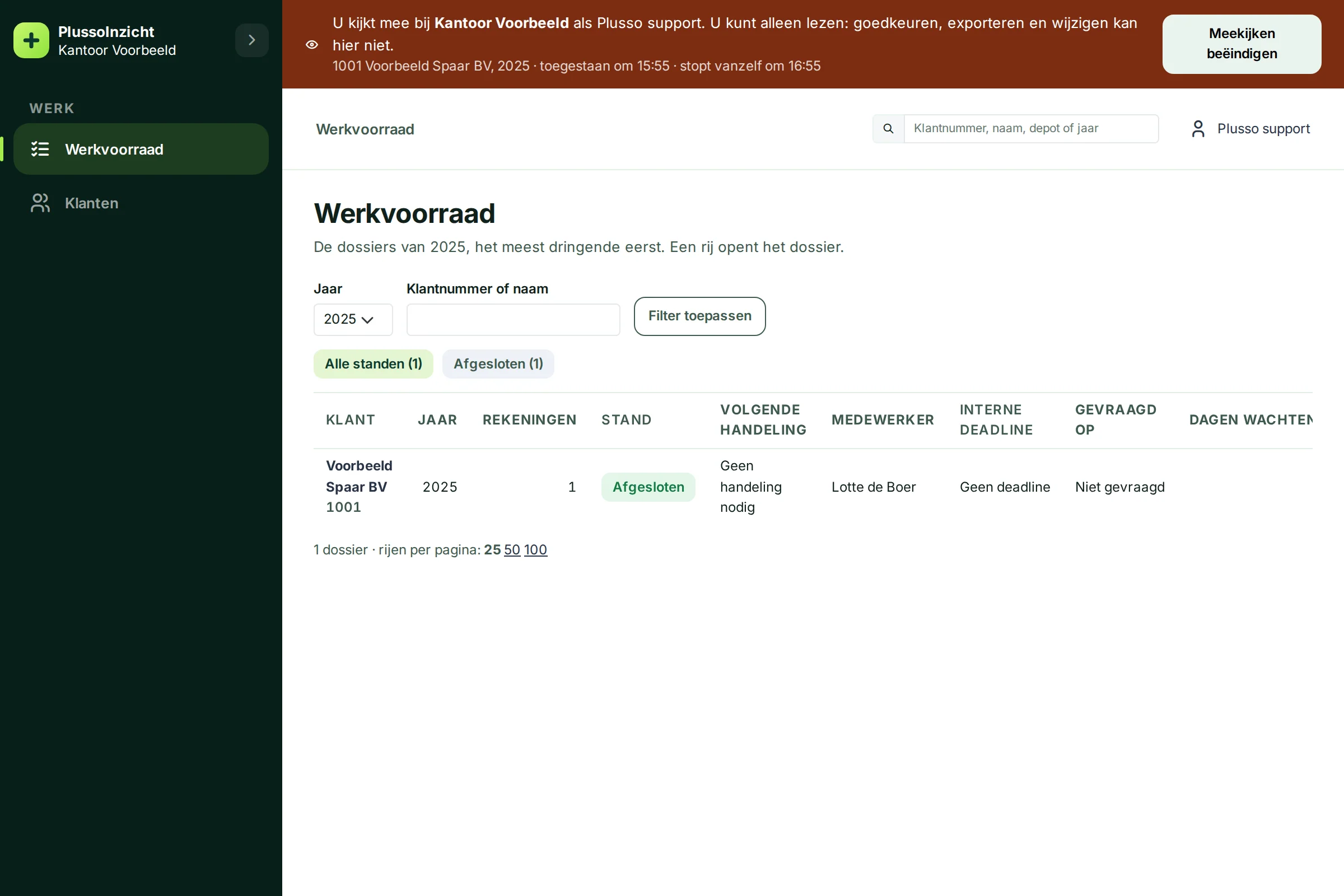 De werkvoorraad zoals Plusso support hem ziet, met alleen het dossier van Voorbeeld Spaar BV en de balk dat support alleen kan lezen
