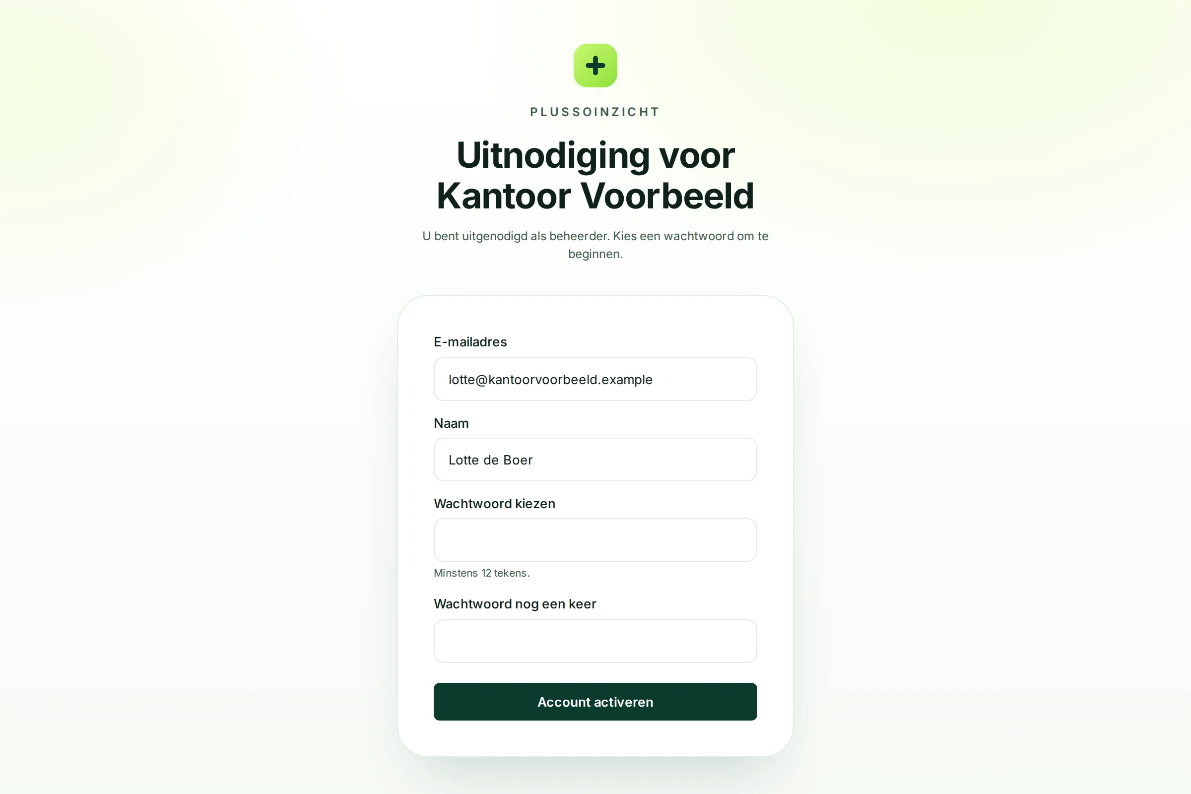 Het scherm Uitnodiging voor Kantoor Voorbeeld met naam, wachtwoord, herhaling en de knop Account activeren