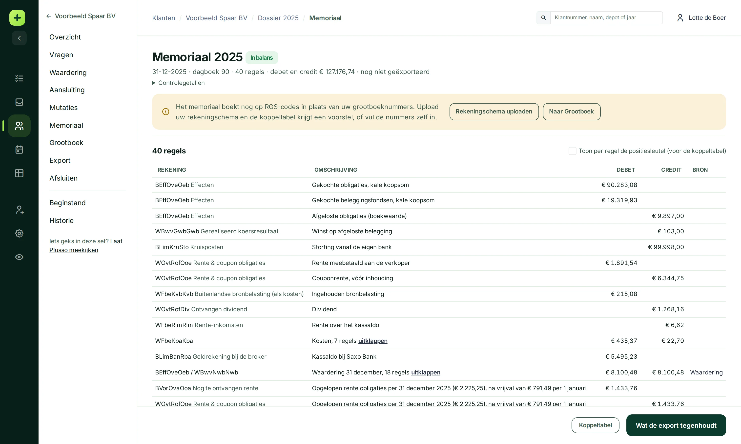Het memoriaal van 2025 in balans met 40 regels, de rekeningen nog op RGS-codes en de melding om grootboeknummers in te vullen